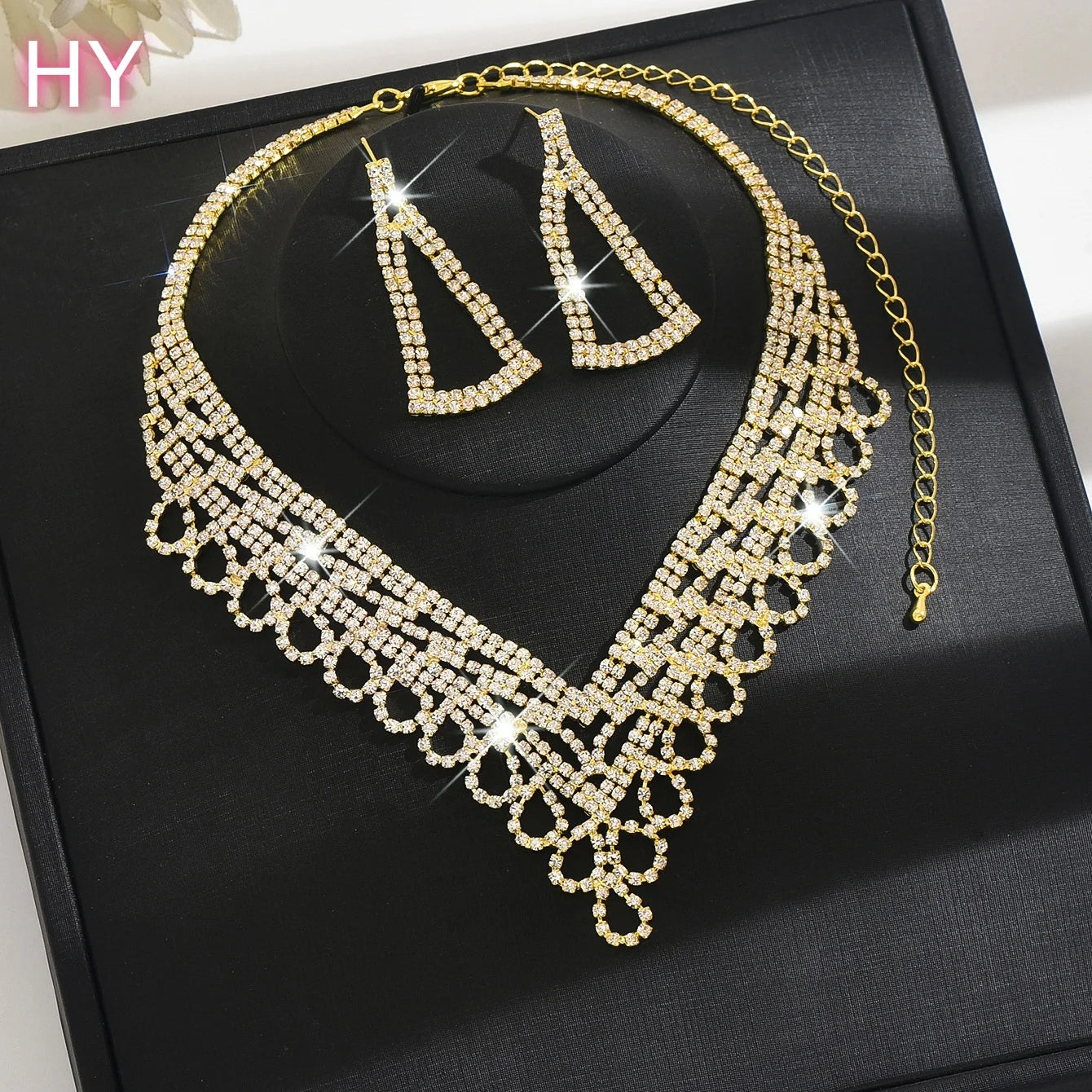 HY  Shiny Tassel Earrings V-shape Necklaces Women Wedding Party Set Wholesale Fashion Lead-Free Brass Silver/Gold
