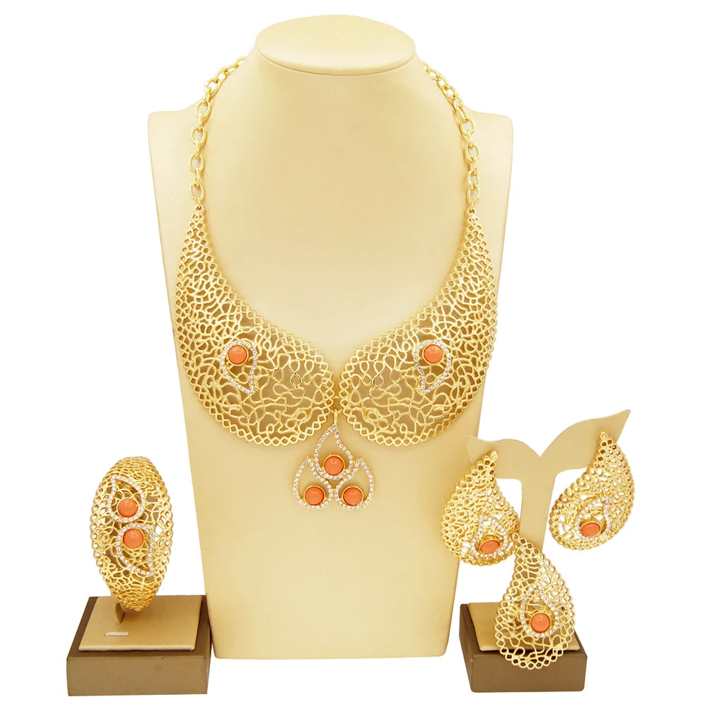 Zhuerrui Exquisite High End Collar Italian Gold Designer Jewelry Sets Music Symbol Pendant Bracelet Earring Ring Jewelry H00550