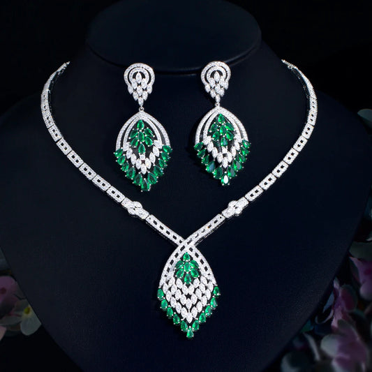 Big Chunky Dangle Drop Green Cubic Zirconia Fringed Chandelier Bridal Wedding Dubai Earring Necklace Jewelry Set