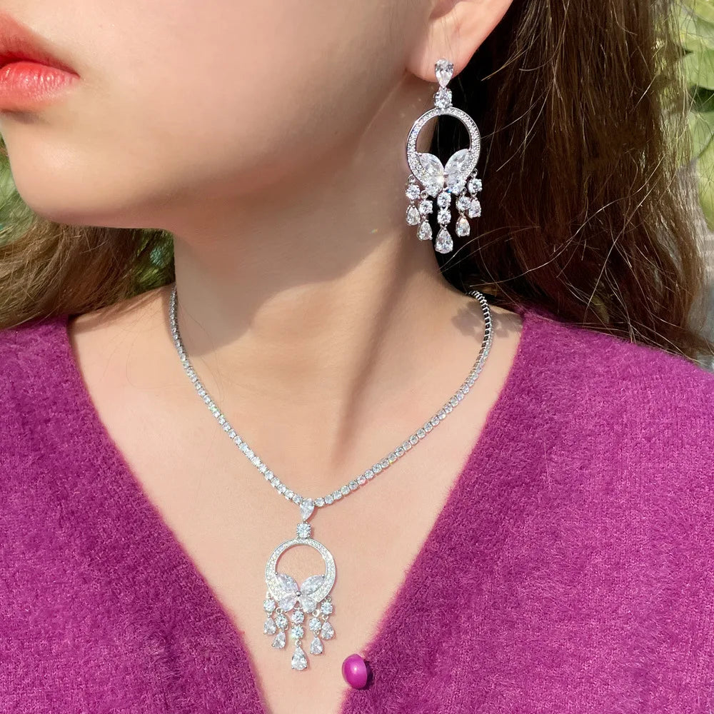 Shimmering Noble Green Cubic Zirconia Chandelier Tassel Drop Big Necklace and Earrings Nigerian Women Prom Wedding Jewelry Set