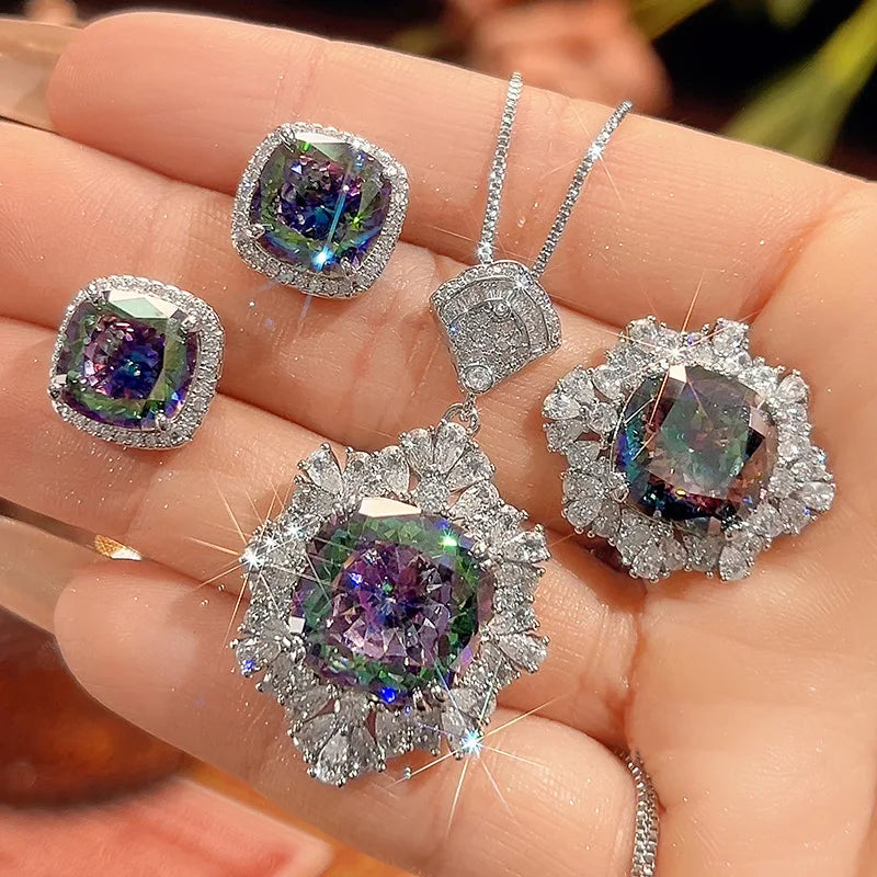 REDheart Square Full Zircon Rhodium Movable Opening Ring Simulation Bird's Nest Cut Seven Color Fashion Wedding Party Gift Pendant Set