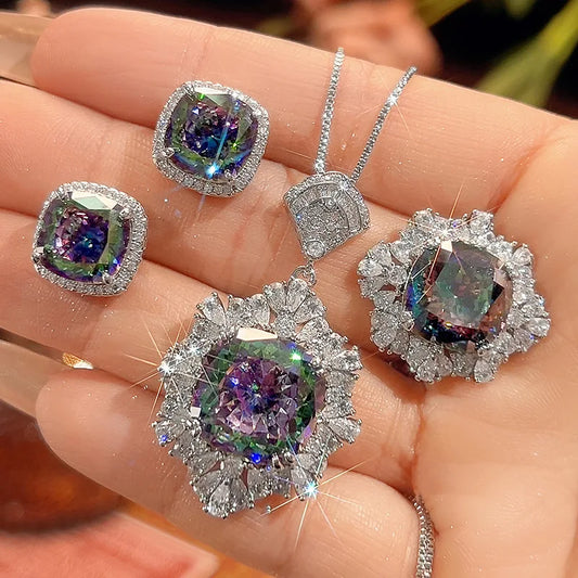 REDheart Square Full Zircon Rhodium Movable Opening Ring Simulation Bird's Nest Cut Seven Color Fashion Wedding Party Gift Pendant Set