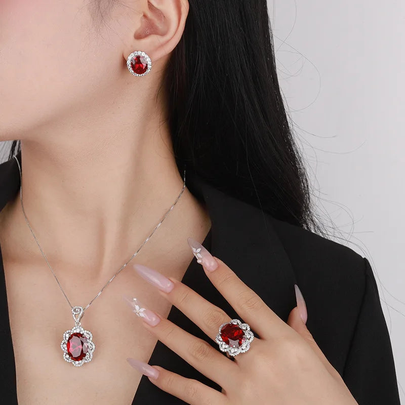 Gemfiori Fashionable Light Luxury Minimalist Jewelry Sunflower Inlaid with Red Zircon Pendant Niche Design Retro Jewelry Set