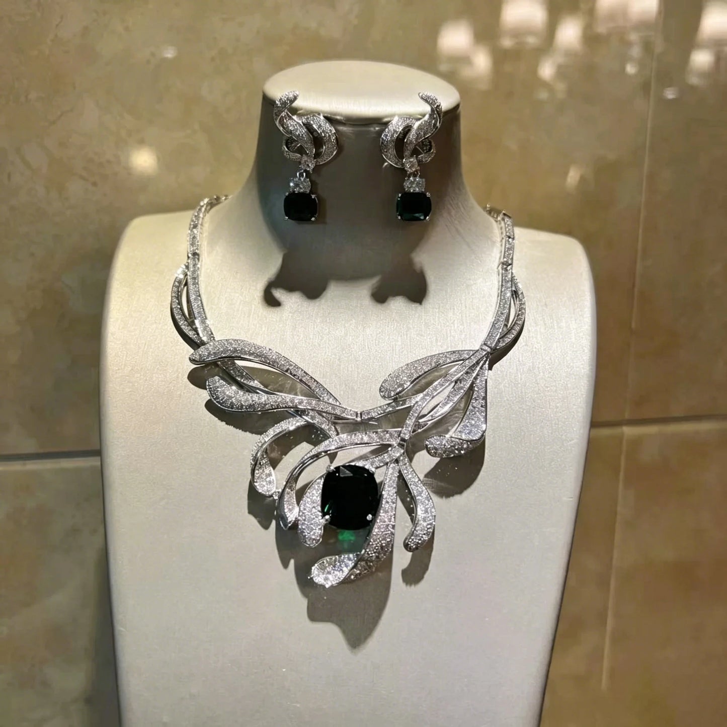 XM S416 Silver Plated Twisted Ribbon Black Onyx Full Paved CZ Choker Necklace & Square Stone Drop Earrings Set