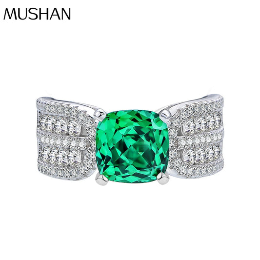 MuShan Jewelry Factory 8 * 8 Fat Square Simulated Emerald Diamond Ring with High Carbon Diamond 925 Silver Ring Redion Cut