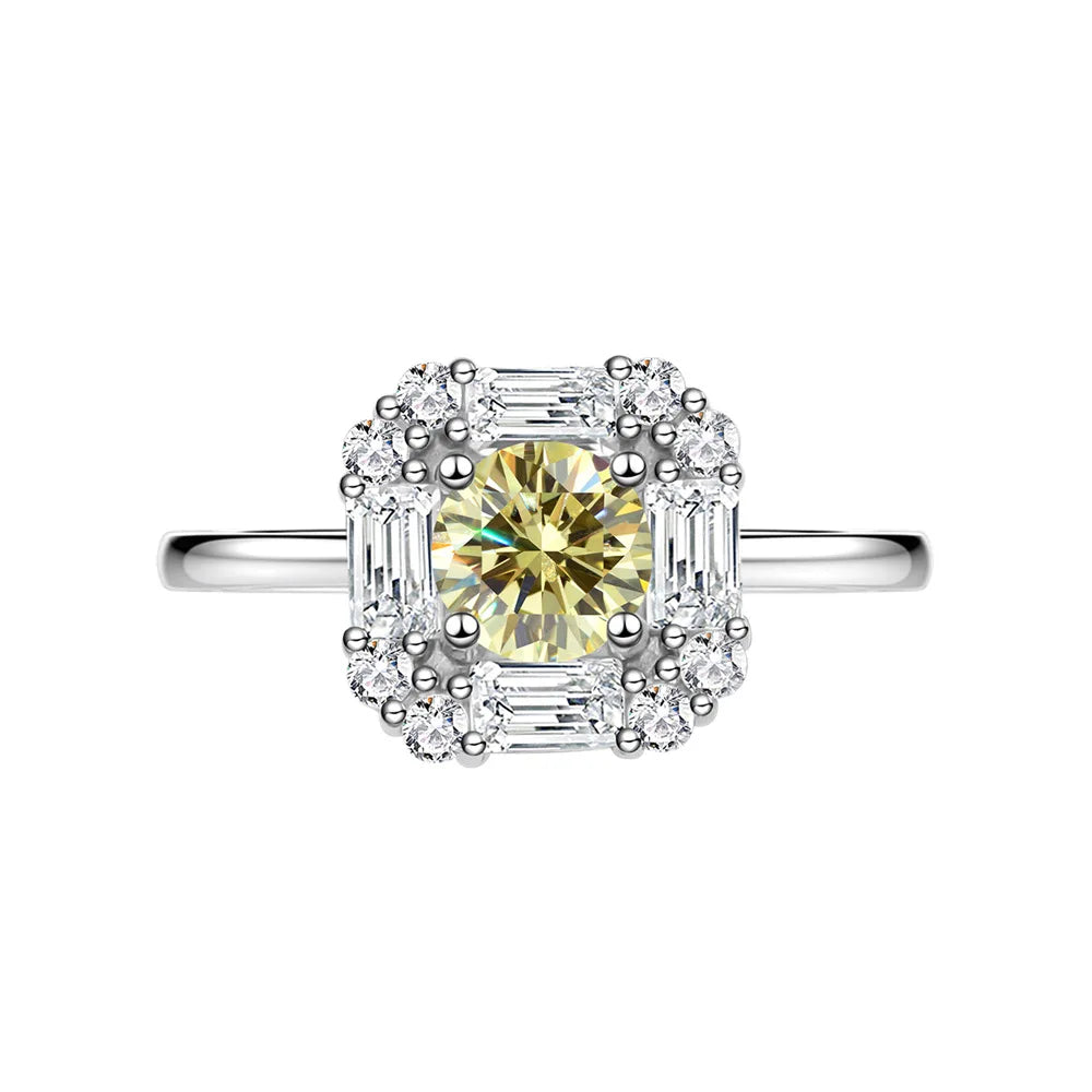 MuShan Jewelry Factory  Square Inlaid Circular 7mm Yellow Diamond 925 Silver High Carbon Diamond Ring for Women  Light Luxury
