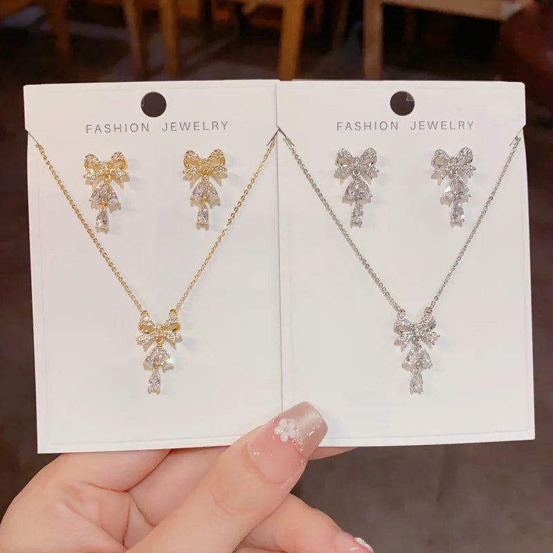 Luxurious Fashion Bow Knot Necklace and Earrings Set with Zircon Classic Real Gold Plated Jewelry Set for Women
