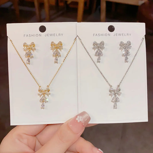 Luxurious Fashion Bow Knot Necklace and Earrings Set with Zircon Classic Real Gold Plated Jewelry Set for Women