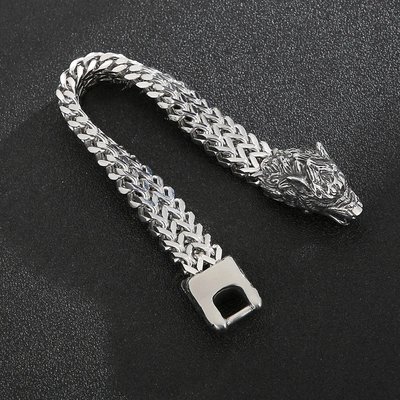 KALEN 22cm Punk Stainless Steel Bracelet Wolf Head Chain Men Bracelet