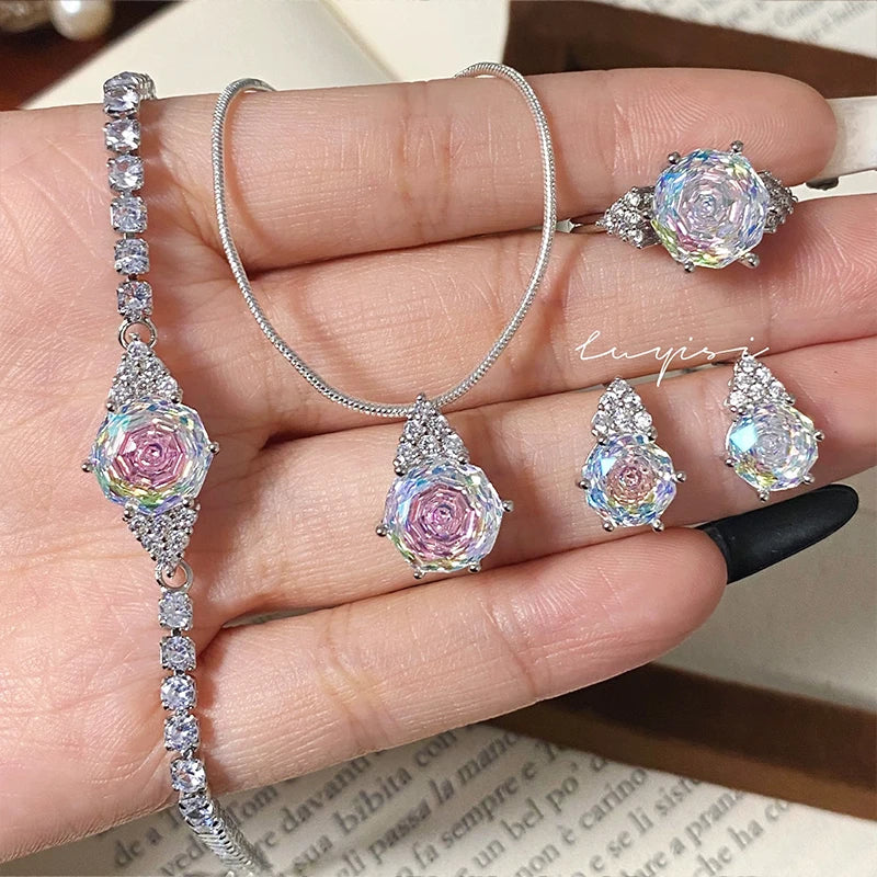 Women's Fine Rhodium Plated Zircon Bridal Jewelry Set Pendant Necklace Bracelet Ring Wedding Engagement Party Ball Trendy