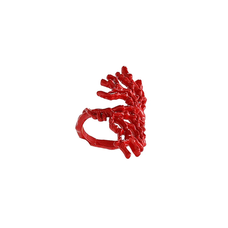 Red Coral Branch Alloy Jewelry Set, Adjustable Bangle & Ring, Bold Hip-hop Statement Pieces for Summer & Beach Parties