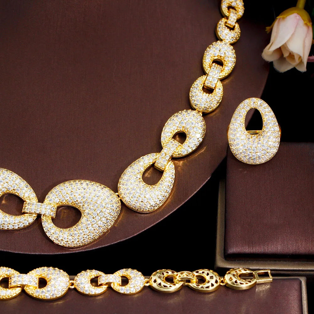 Chain Link Cubic Zircon Crystal Brazilian 18k Gold Plated Big Luxury 4pcs Jewelry Sets for Women Wedding Bride CZ Accessories
