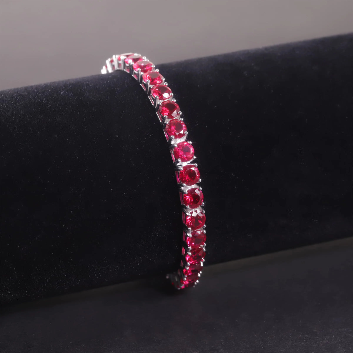 Gemfiori 7IN 925 Silver Gemstone Bracelet 5MM Pigeon Blood Red Lab Grown Ruby Silver Women Round Tennis Bracelet