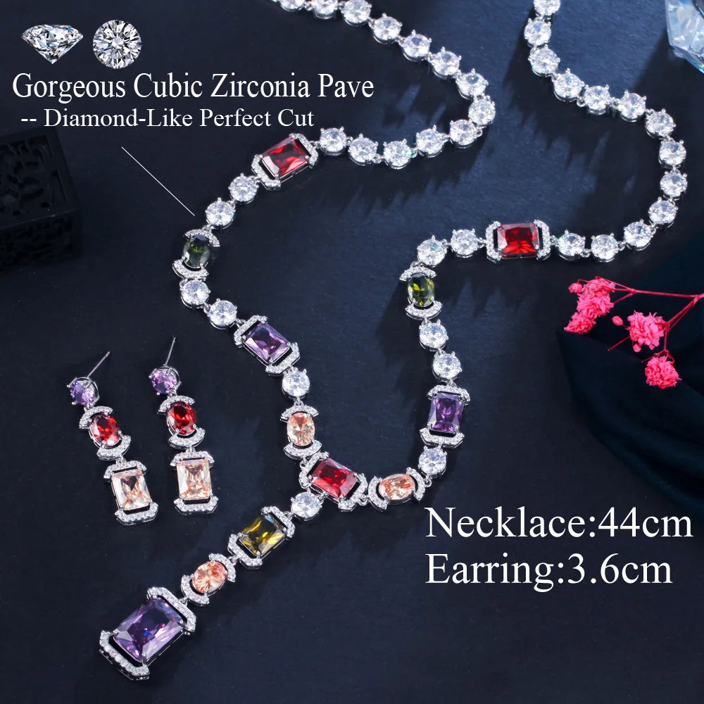 Sparkling Multi Color Cubic Zirconia Big Long Dangle Drop Party Wedding Necklace Bridal Jewelry Sets Dress Accessories