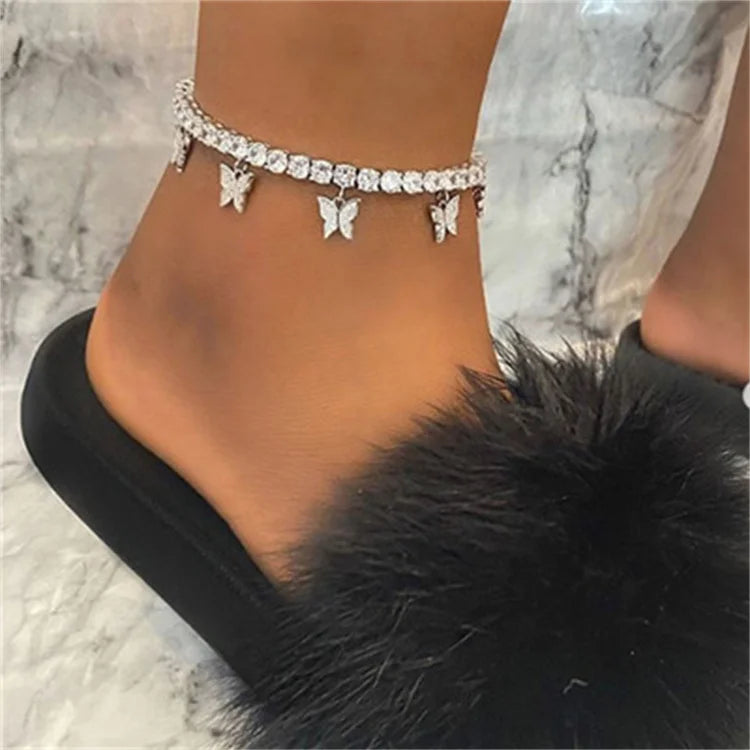 Wholesale Fashion Jewelry Anklet Bracelet Diamond Foot Cuban Link Chain Tennis Butterfly Anklet for Women