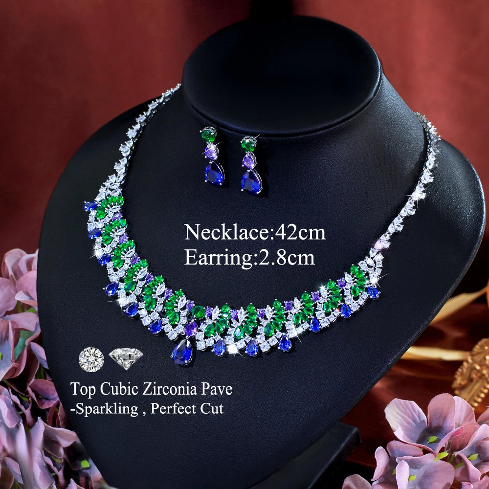 Vintage Shiny Blue Green Cubic Zirconia Necklace Earrings Luxury Water Drop Bridal Wedding Evening Party Jewelry Set for Women