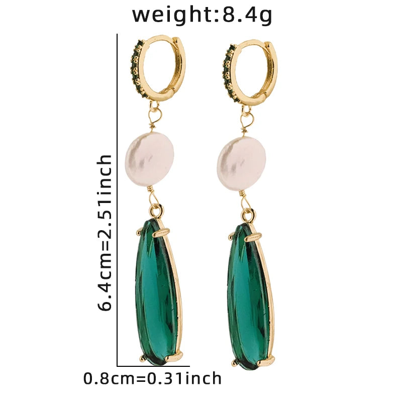 Emerald Green Water Drop Natural Pearl Pendant Earrings Green Zircon Inlaid Earrings Banquet Gift for Women Jewelry GE1193