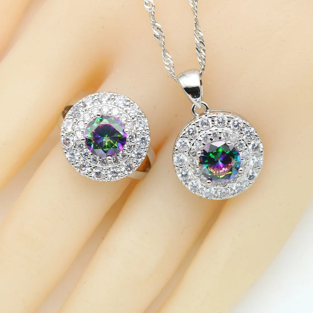 XOTICA Women's round Rainbow Zirconia Jewelry Set Includes Bracelet Earrings Ring Pendant Necklace for Weddings and Parties