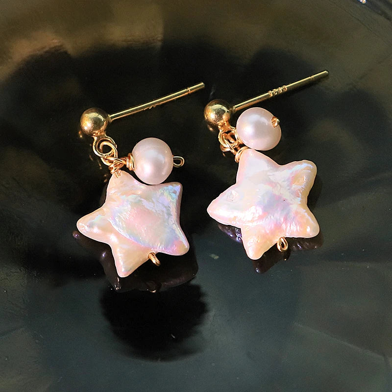 Natural Freshwater Pearl Pentagram Star Earrings 925 Pendant Gift for Women Jewelry GE1771A