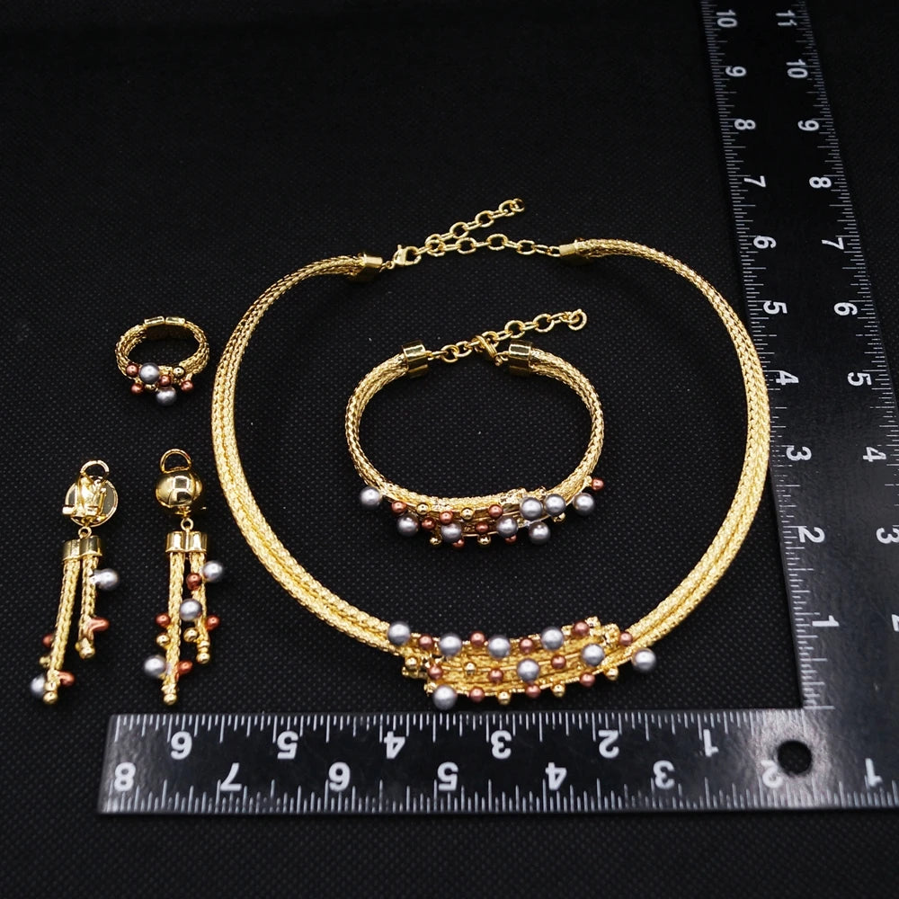 Zhuerrui African Italian Gold Plated Jewelry Set Bold Ribbed Twisted Geometric Choker for Women Wedding Banquet HS26006