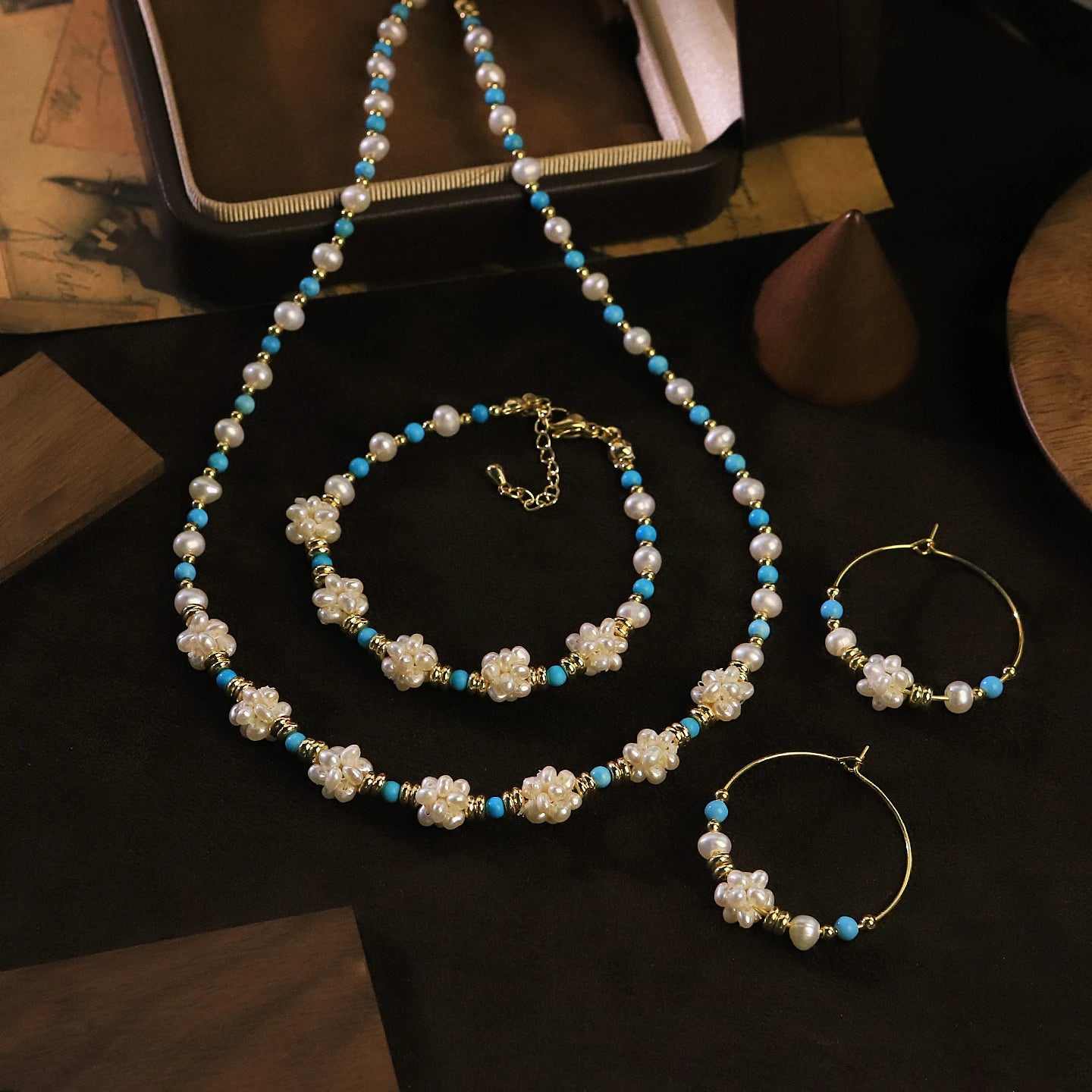 GLSEEVO Natural Pearl, Turquoise & Copper Bead Dainty Necklace, Earrings & Bracelet Set — Bohemian Style