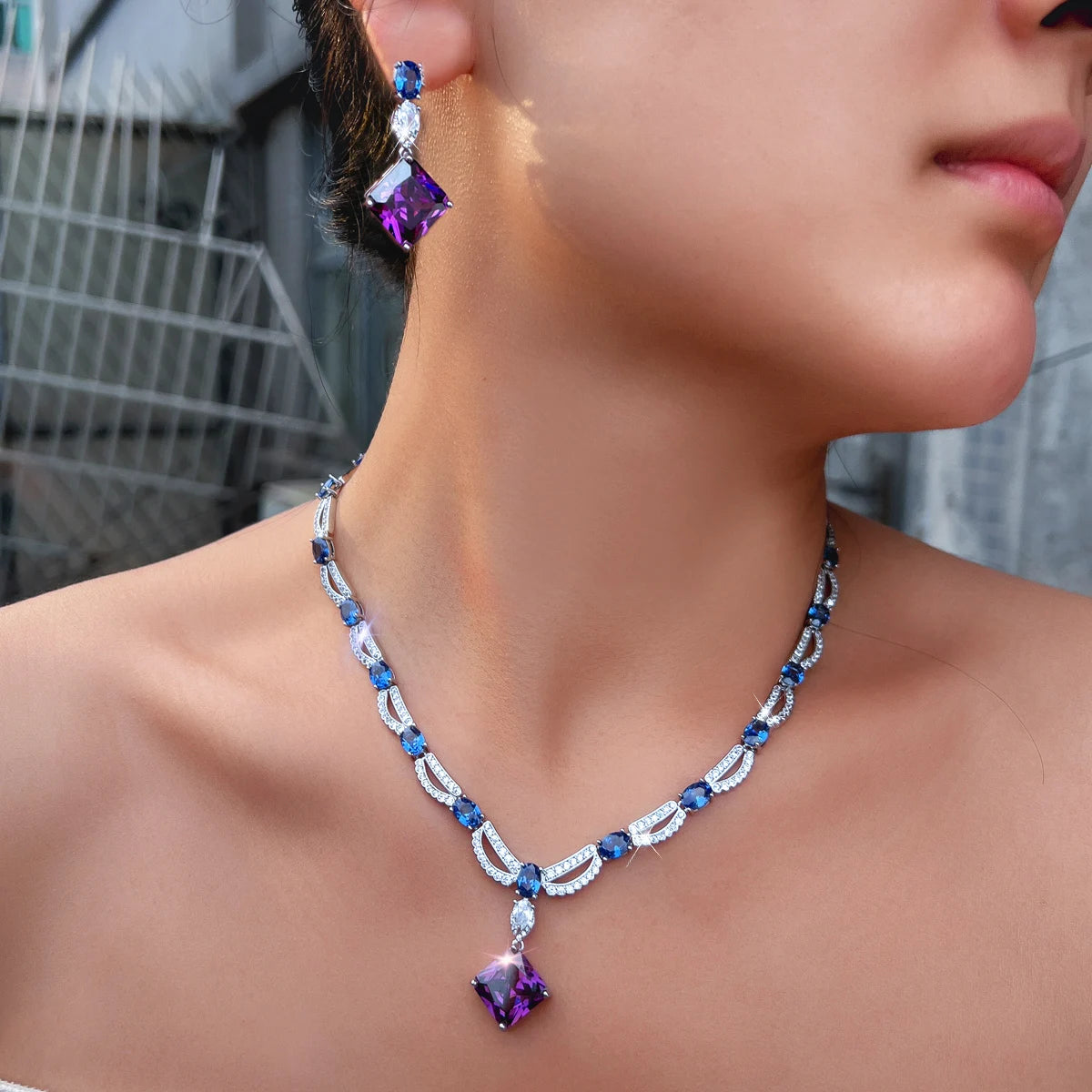 Rhodium Plated CZ Jewelry Set Cubic Zircon Blue Oval Purple Rhombus Dangle Drop Necklace Earrings Jewelry Set for Brides Wedding