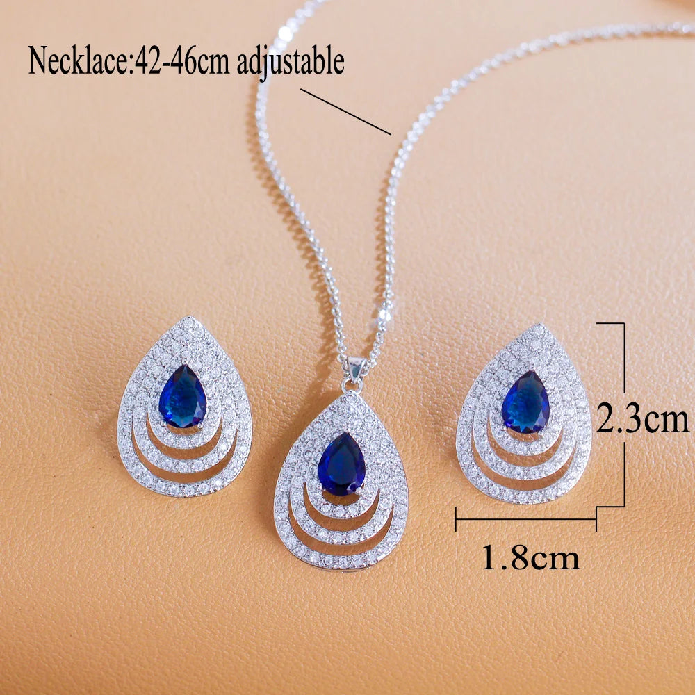 Elegant Earrings and Necklace Ladies Blue Cubic Zirconia Stone Teardrop Fashion Party Jewelry Set for Girls Women Daily Wear