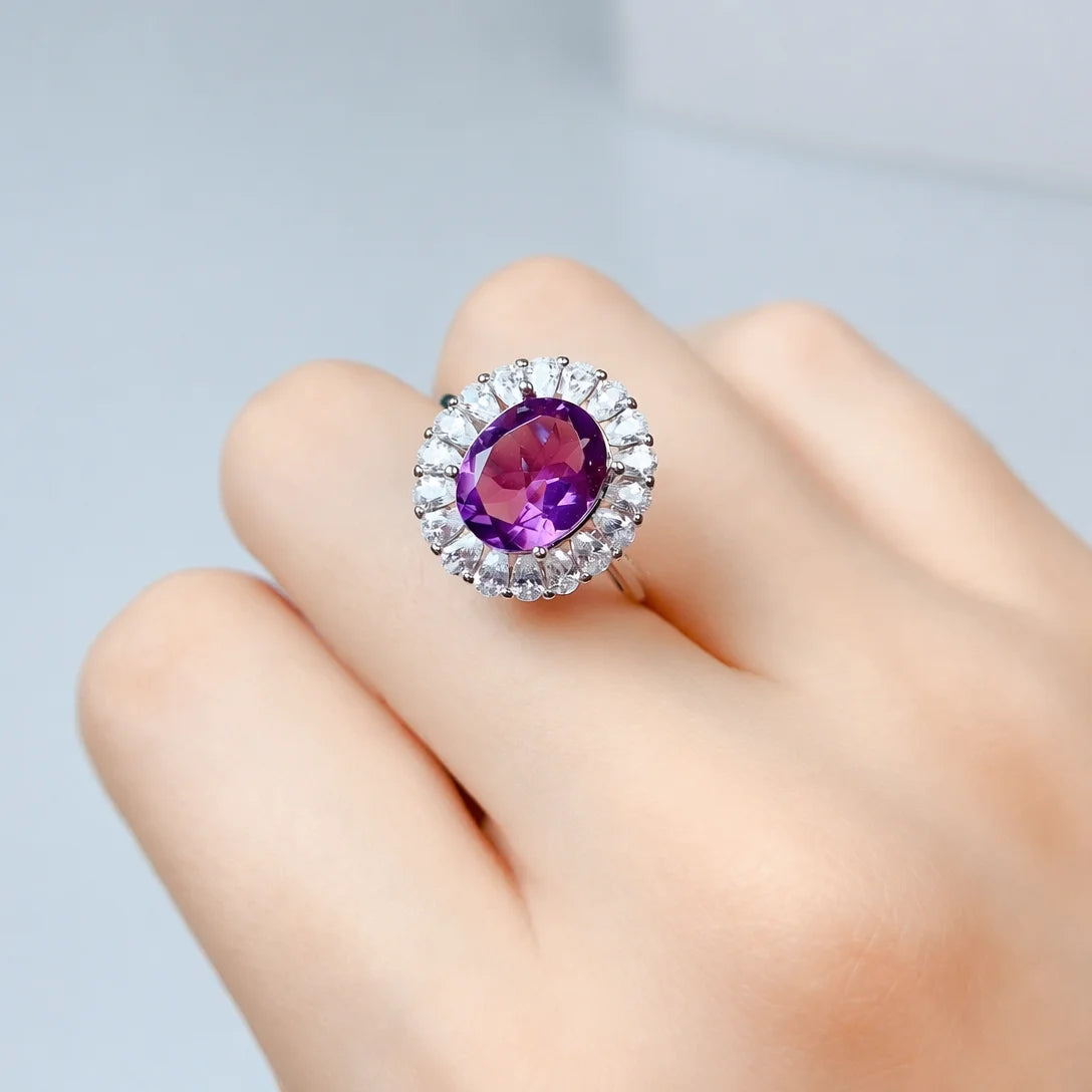ArtistA Natural Amethyst Jewelry Set with 925 Sterling Silver for Women Oval Shape Purple Gemstone Ring Pendant Earrings Fine Jewelry