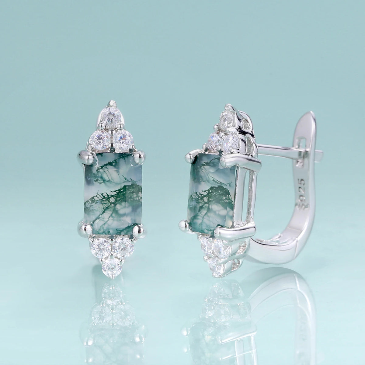 ArtistA Abiding Designer Rhodium Plating 925 Silver Earrings Studs Natural Green Moss Agate English Hook Earrings Best Gifts