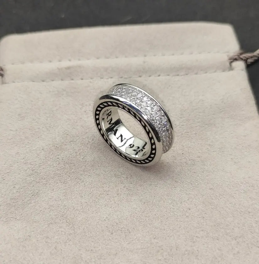 FASHIONISTA DY High-Quality Copper Alloy Silver-Plated 8.5mm Full Diamond Ring, Silver-Plated Diamond-Set Ring, Jewelry