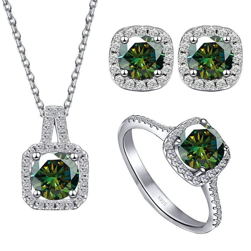 Wholesale 3 Piece Jewelry Set Mossstone 925 Silver Earrings Necklace Ring 4CT for Wedding Engagement Anniversary Gift
