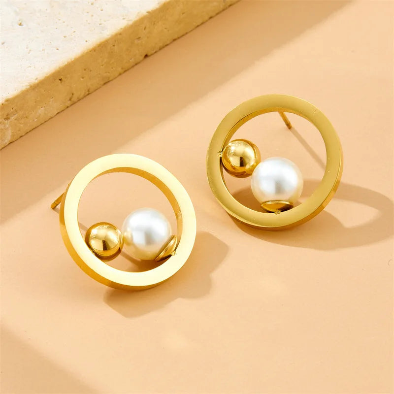 High Quality Fashion Stainless Steel Geometric Necklace Earrings and Ring Set with Pearl Women Luxury Gold Jewelry Set
