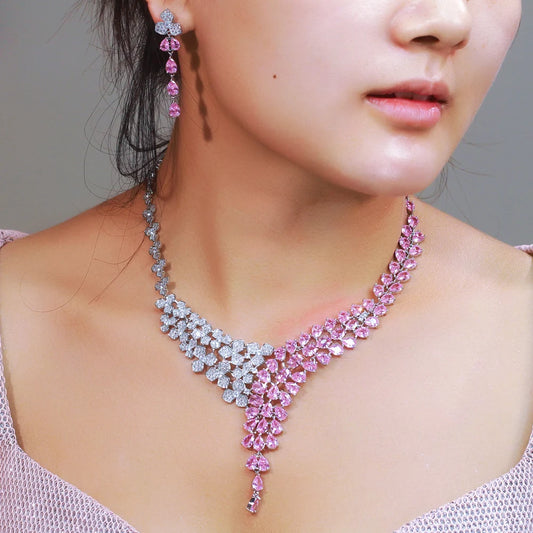 Elegant Shimmering Pink White Water Drop Cubic Zircon Long Earrings and Necklace Bridal Wedding Party Jewelry Set for Women
