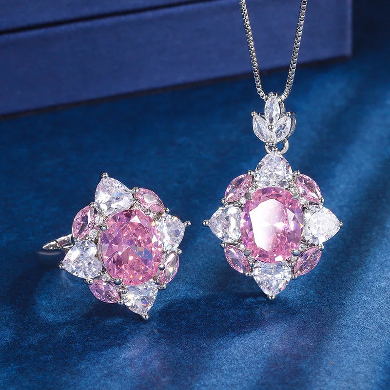 Gemfiori Sweetheart Peach Pink Zircon Necklace Petal Zircon Ring Fashion Light Luxury Set
