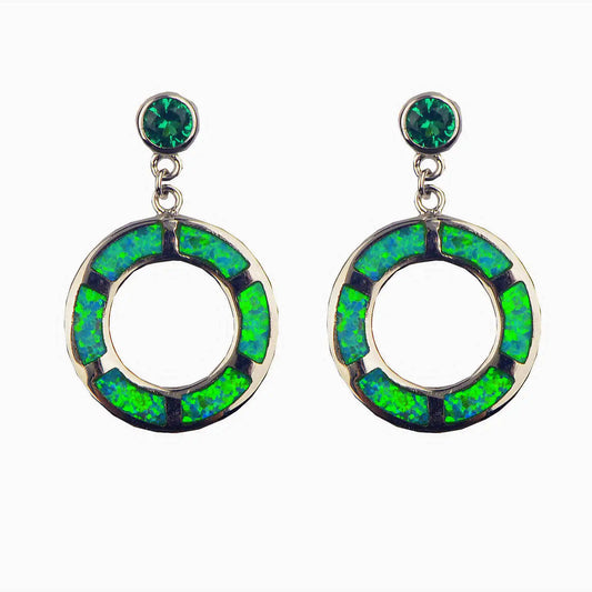 Retro Green Opal Pendant Earrings Brass Silver Plated Geometric Christian Minimalist Round Circle Jewelry for Women