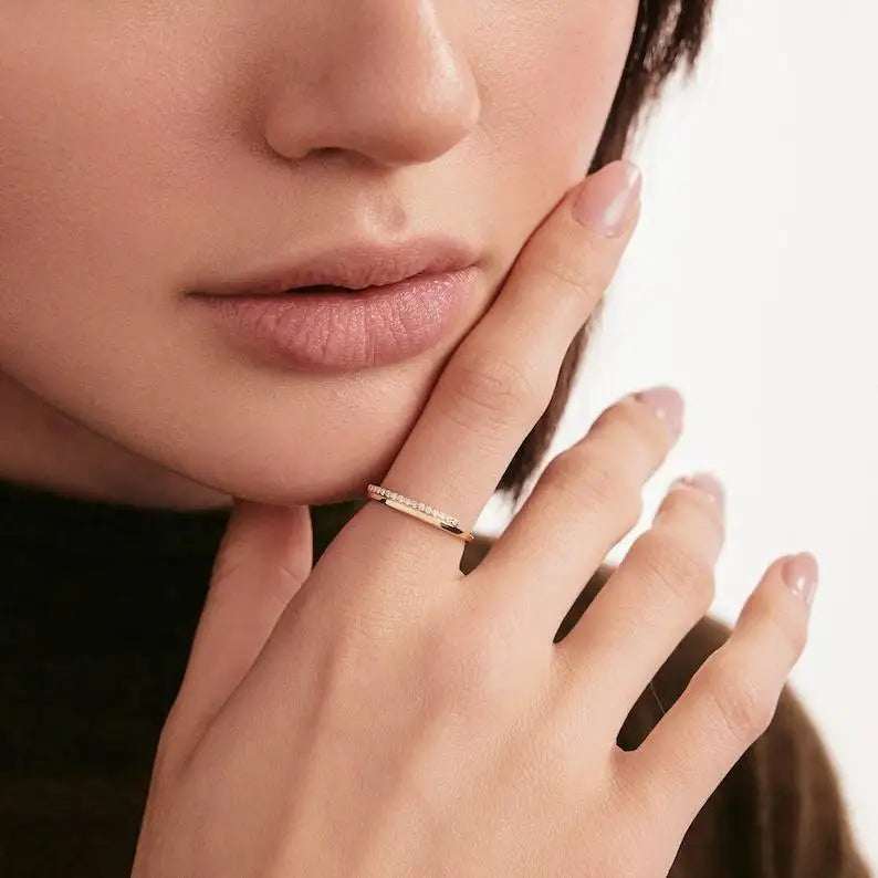 Diamond Bar Stacking Ring in 14K Solid Gold Dainty Pave Diamond Stackable Ring for Women 14K Real Gold Minimalist Jewelry Gift