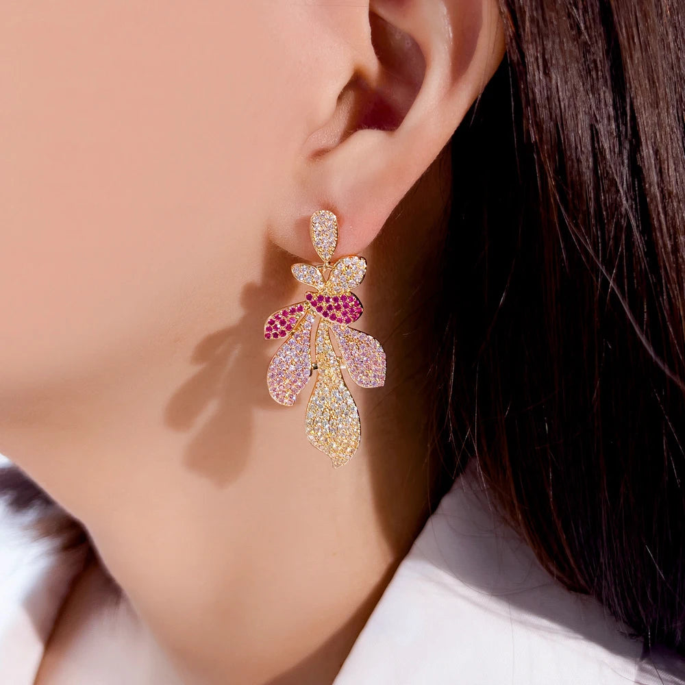 S&S Red CZ Leaf Petal Dangle Drop Earrings – 18K Gold Plated – Collection