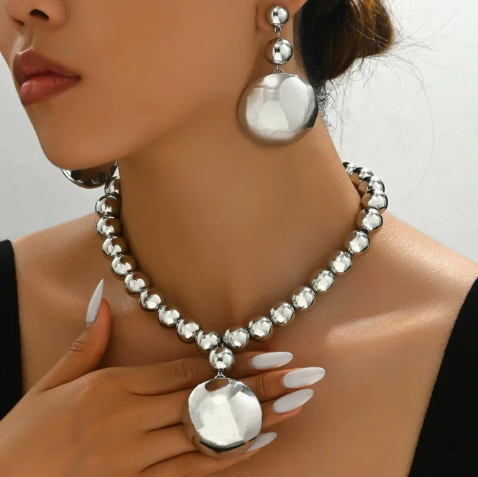 18K Gold Vintage Bead Power Necklace, Earrings & Ring Jewellery Set | High-End Pendant Fashion Set
