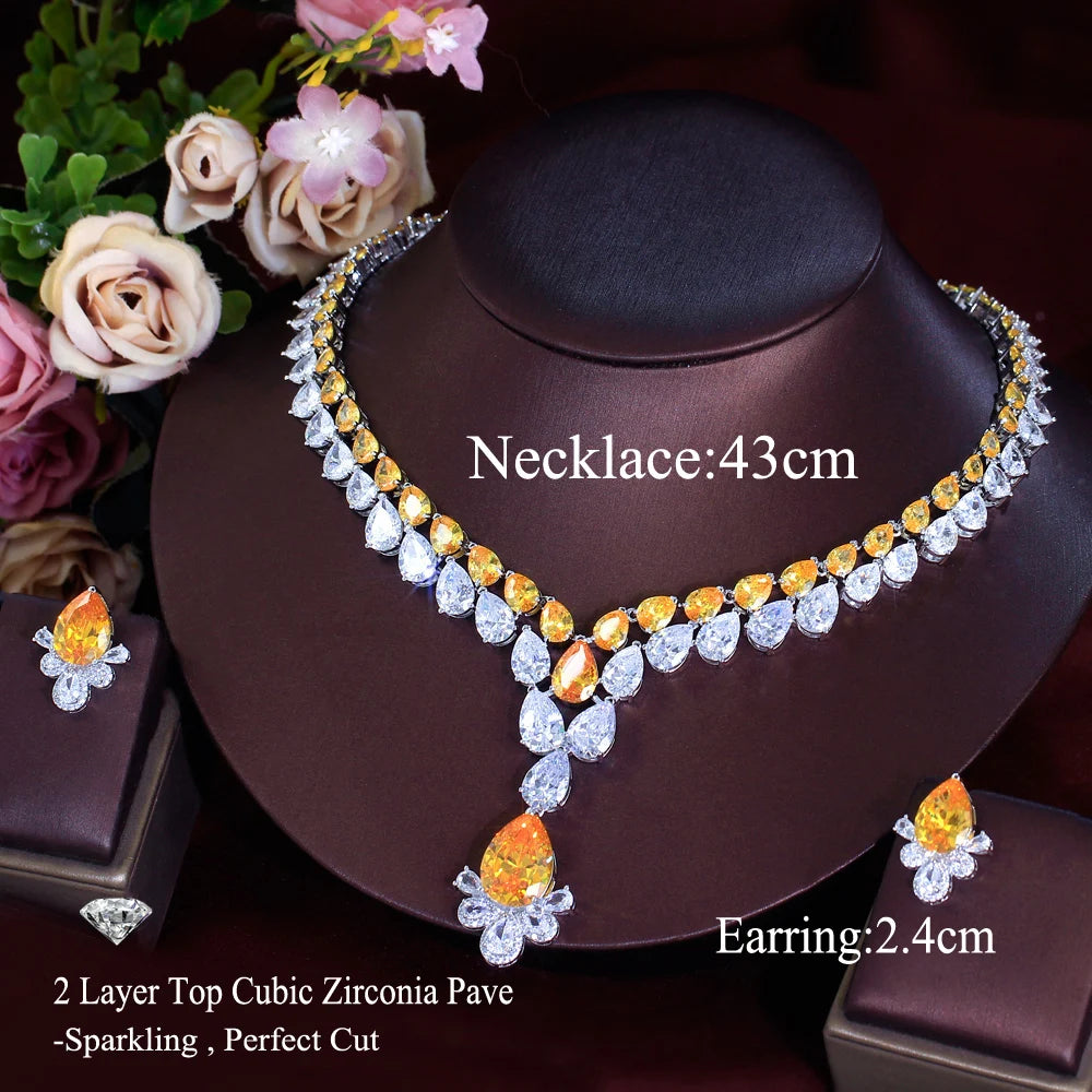 2 Layer Water Drop Zirconia Big Chunky Necklace and Earrings Yellow Party Brides Jewelry Sets for Women Luxury Wedding Decor