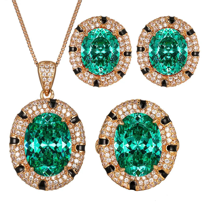 REDheart Fashion Women's JUNLU Copper Inlaid Zircon Flower Design Spotted Black Pendant Gold-Plated Costume Jewelry Set Retro Suit