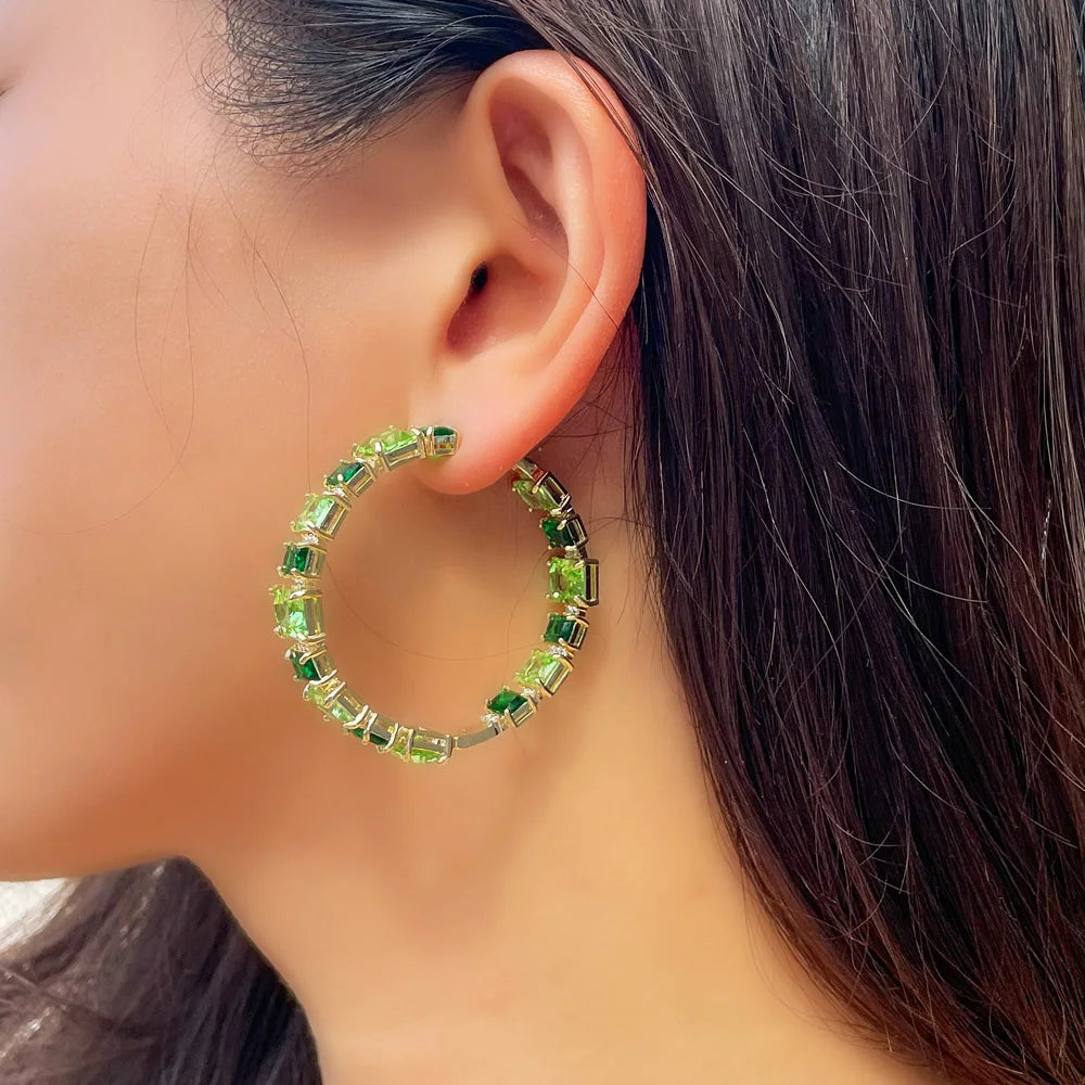 S&S Light Green Square CZ Oversized Hoop Earrings – Brazilian Gold Plated – Collection