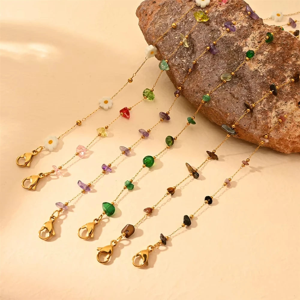 Fashion Beach Style Stainless Steel Ankle Chain Colorful Stones Anklets for Women