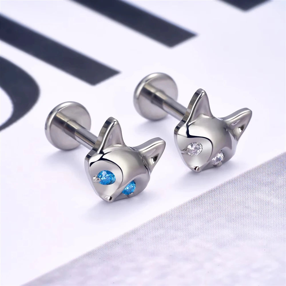 G23 Titanium Triangle Heart Fox Tragus Cartilage Helix Daith Piercing Stud Earrings for Women 16G CZ Ear Stud Pierc Body Jewelry