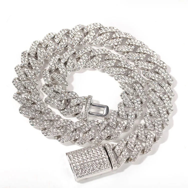 BiG-BOSS Austrian Rhinestone Quality Fashion Moon Iced Out 18mm Hip Hop Link Necklace Prong Cuban Link Chain Jewelry for Men with Clasp