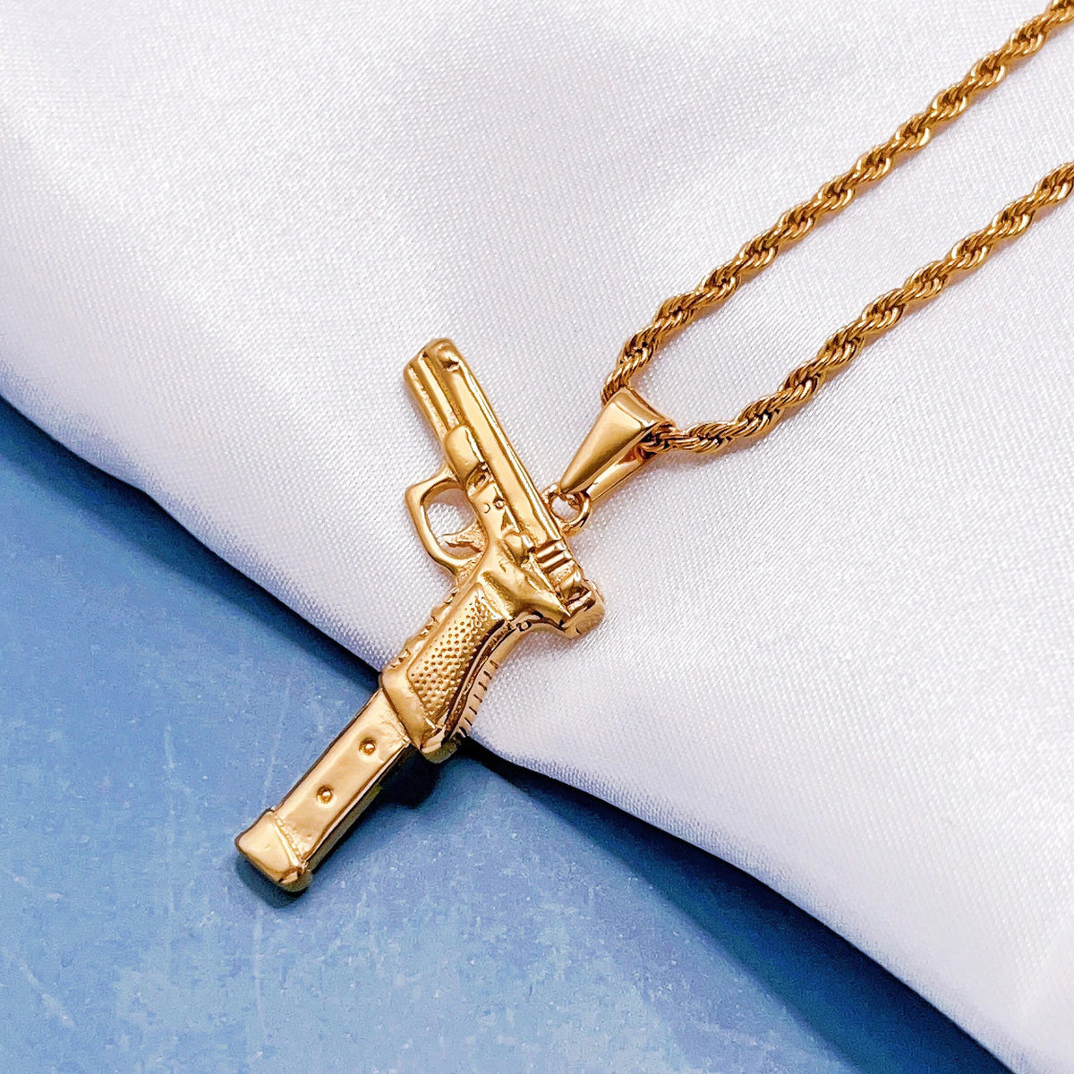 BiG-BOSS Trendy Necklace Stainless Steel 18k Gold Plated Rose Gun Pendant Rope Chain Men Hiphops Hand Gun Pendant Maxi Necklace