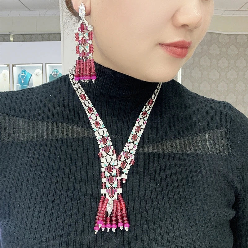 Online Purchase of Red Bead Tassel Necklace Earrings  High-end Inlaid Zircon Handmade Enamel Dubai Fashion Jewelry