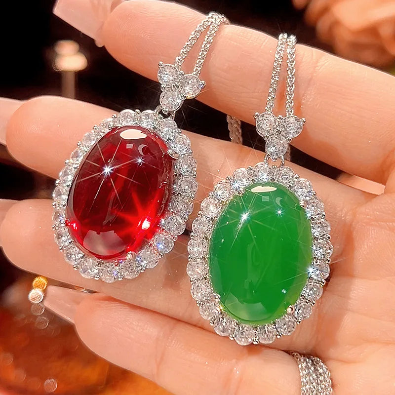 REDheart Fashion Brass Zircon Flower Shape Pendant Simulation Red Corundum Green Chalcedony Surface Light Luxury Rhodium/Gold Jewelry Set
