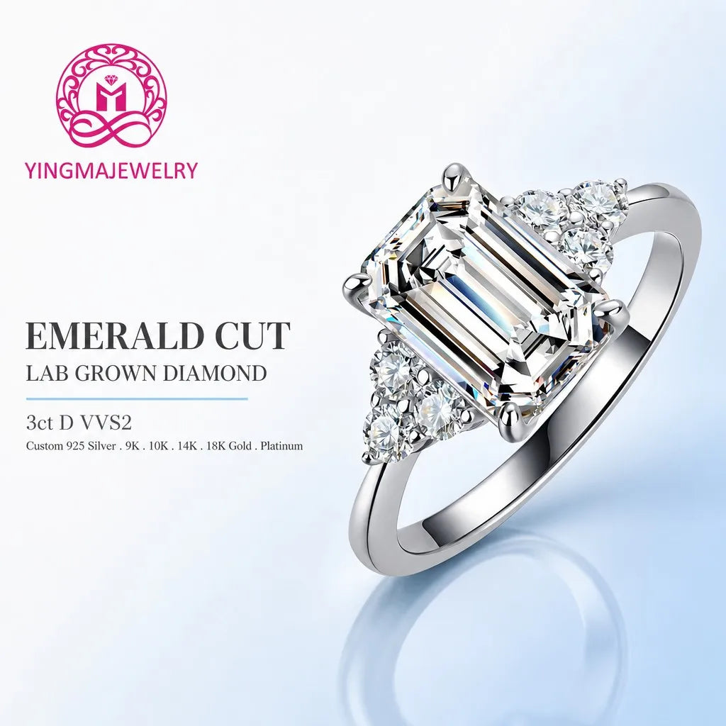 Gioiellieri D VVS2 High Clarity Emerald Cut Lab Grown Diamond Ring 3Carat 9K/10K/14K/18K White/Yellow/Rose Gold Women Fashion Ring