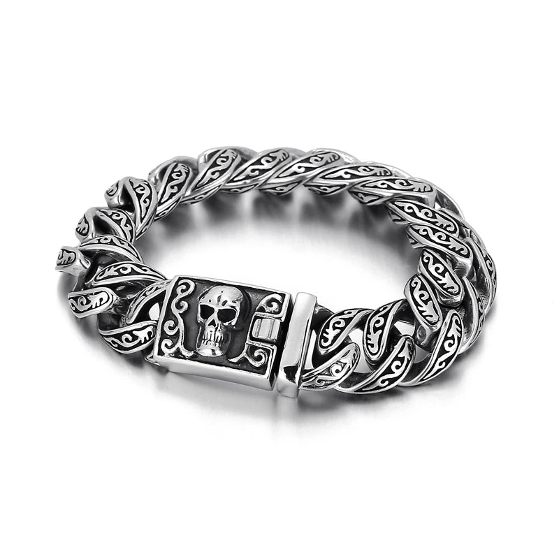 VIKING Mens Punk Totem Skull Pattern Stainless Steel Bracelet – Silver