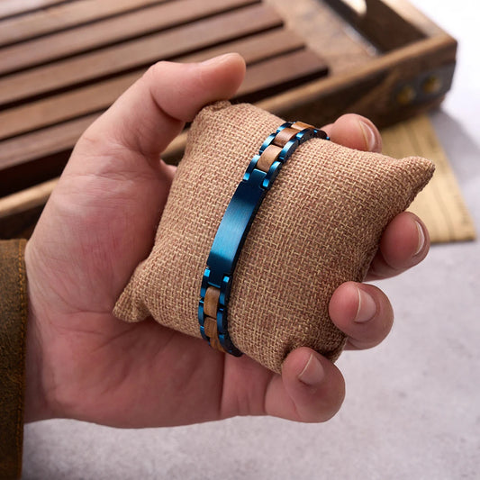 REBEL Custom Brand Logo OEM Men Women Vintage Stainless Steel Chain & Link Eco Friendly Wood Wrist Bracelet Gift